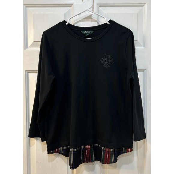 Lauren Ralph Lauren Tops - Lauren Ralph Lauren Jeweled Monogram Blouse Sz L Plaid Statement Hem Academia